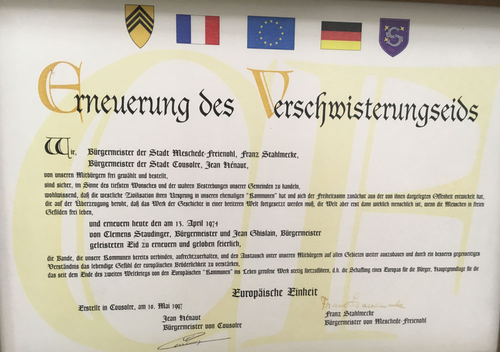 Cousolre Patnerschaft Erneuerungs Urkunde 1997