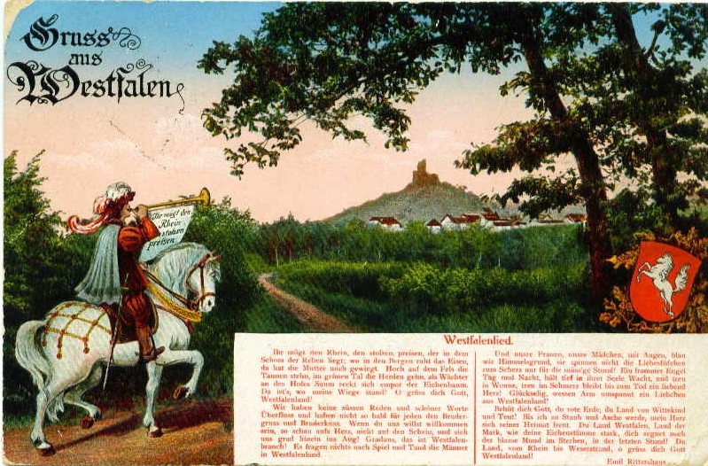 Ansichtskarte "Gruß aus Westfalen" aus dem Jahre 1914 Westfalen-Hymne von 1858