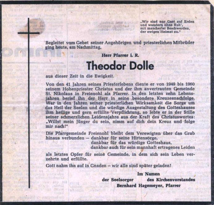 Am 18.10.1965 verstarb Pfarrer Theodor Dolle. Seine Grabstätte befindet sich auf dem Waldfriedhof in Freienohl.